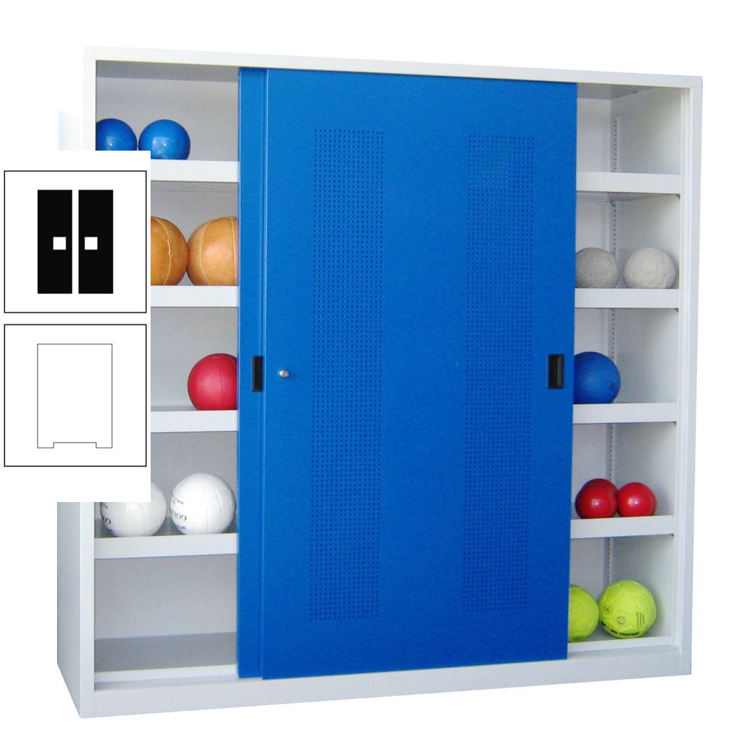 Ballschrank - Schiebetüren mit Lochfeld - Trennwand - 8 Böden - 1.950x2.000x600 mm (HxBxT) - anthrazitgrau