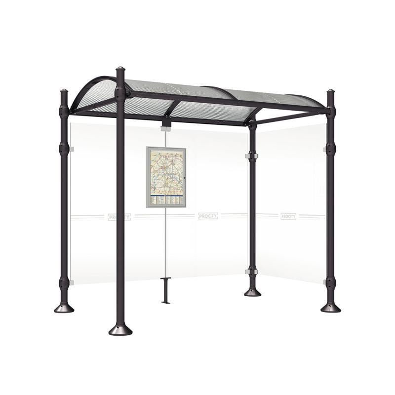 Buswartehalle, Unterstand, 2 Seitenwände, Kopf gebürsteter Edelstahl, ESG, Fahrplanschaukasten, 2.500 x 2.500 x 1.600 mm (HxBxT), Farbe enzianblau