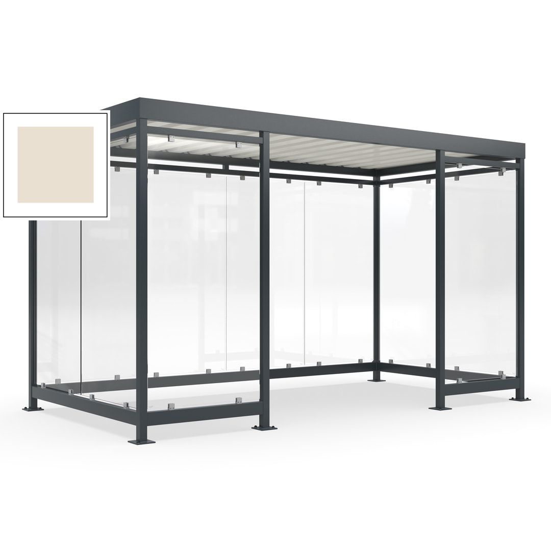 Fahrgastunterstand, Raucherunterstand, fertig montiert, Aufdübeln, 12-13 Personen, 2.510 x 4.195 x 2.165 mm (HxBxT), 10 Wände, Achatgrau