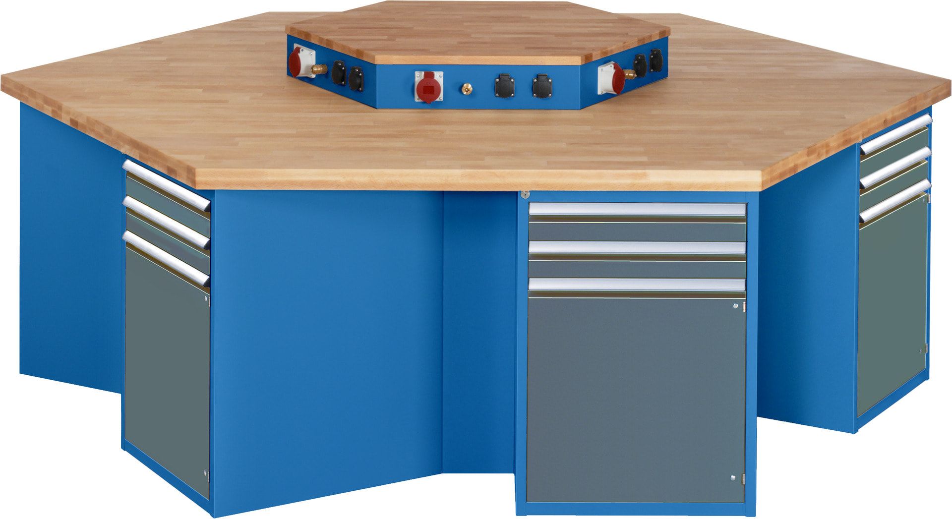 Gruppenwerkbank, Buche, Höhe 840 mm, mit Energieaufsatz, Unterbau-Container, 2 Schubladen, 1 Tür, 1 Boden - Anthrazitgrau