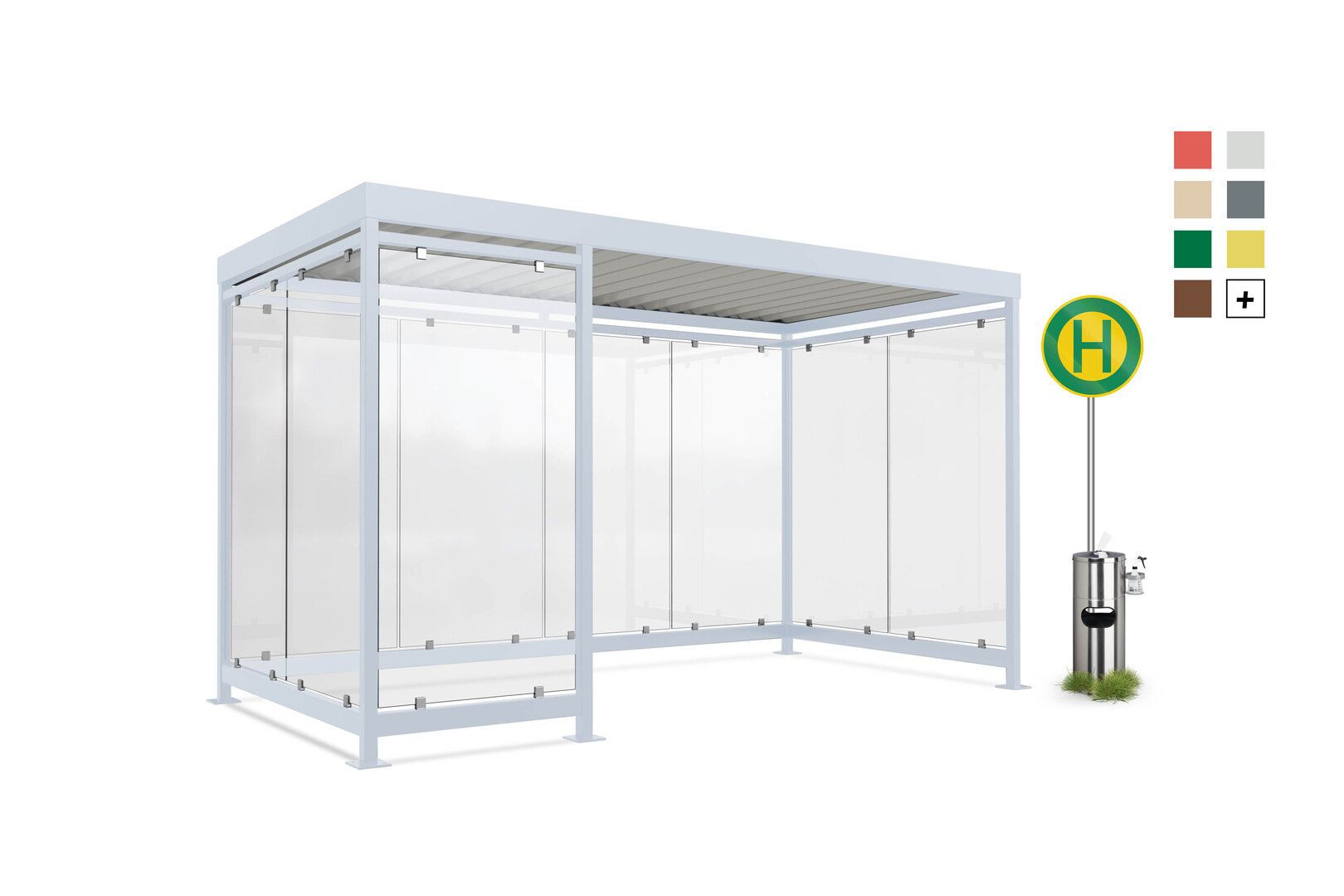 Raucherunterstand, Bausatz, Fahrgastunterstand, Bushaltestelle, 12-13 Personen, 2.510 x 4.195 x 2.165 mm (HxBxT), 9 Wände, braunrot