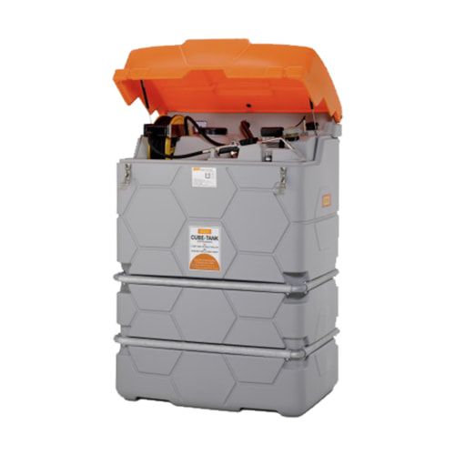 Mobile Outdoor Schmierstoff Tankanlage mit Deckel - Tankstation mit Schlauchaufroller und Zapfpistole - Volumen 1.000 l
