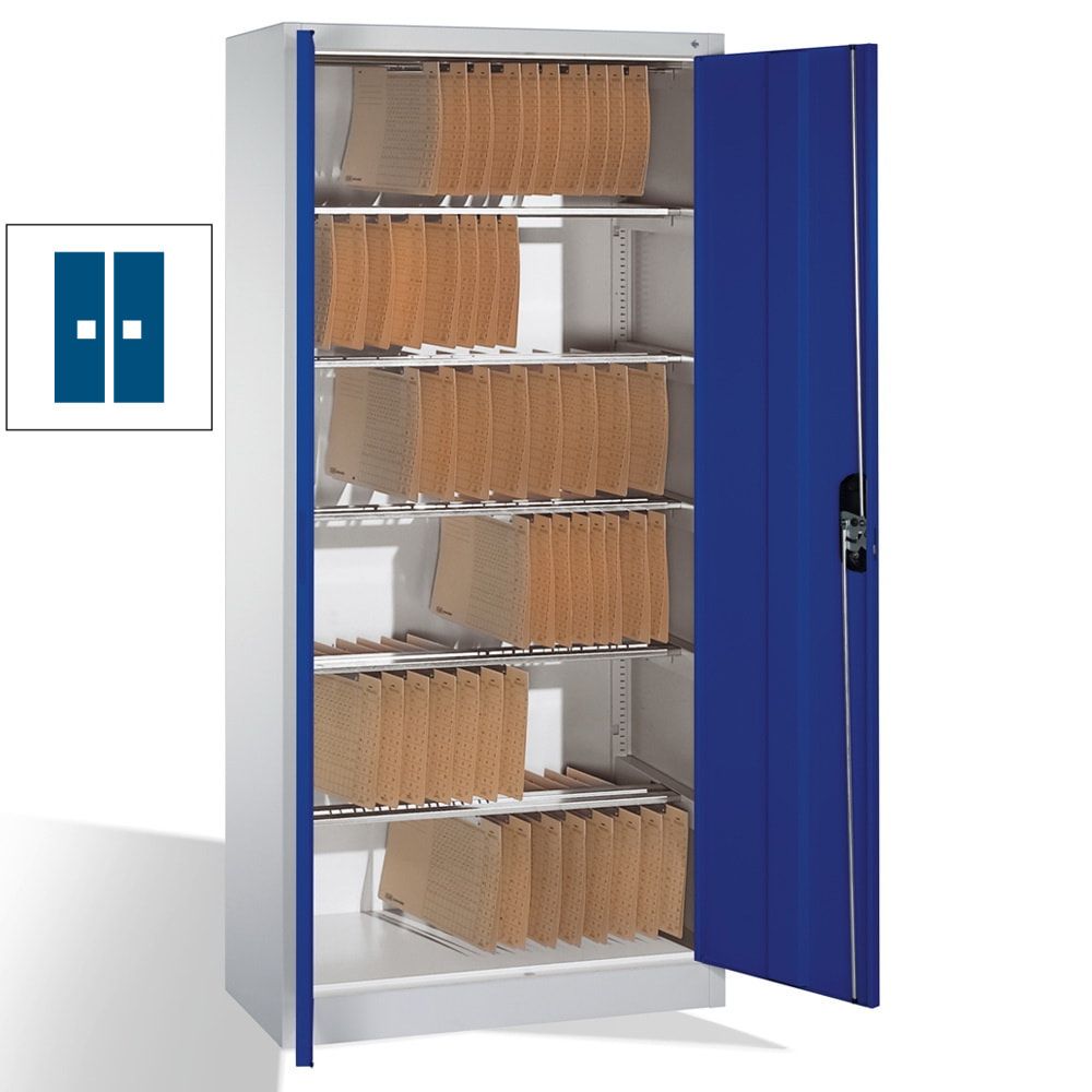 Büroschrank, Aktenschrank mit 6 Pendelstangen, für Elba/Leitz Pendelmappen, Korpusfarbe lichtgrau, Türfarbe enzianblau, 1.950 x 930 x 400 mm (HxBxT)
