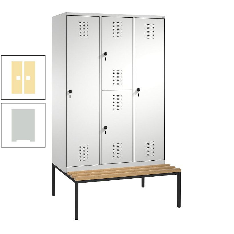Garderobenschrank, Spind ein- und doppelstöckig Sitzbank, 3 Abteile, 4 Fächer, 2.090x1.200x500 mm (HxBxT), Front anthrazitgrau, Korpus anthrazitgrau