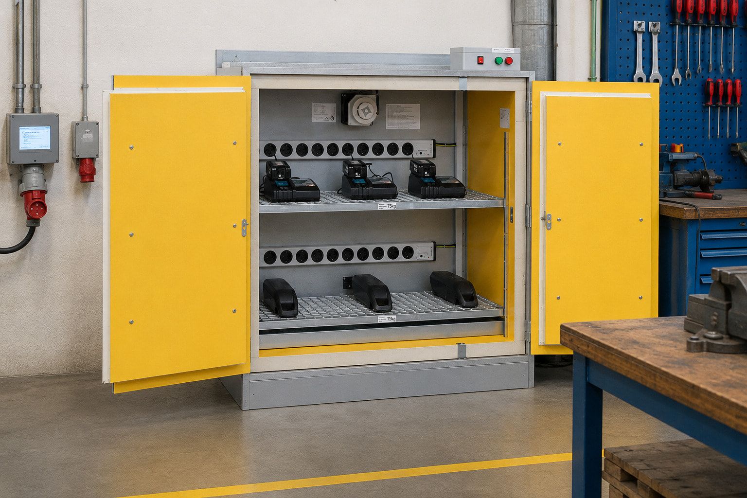 Lithium-Ionen Akku Ladeschrank Basic Charge EI 90 Kompakt mit Steckdosenleisten, Aerosol-Löschgenerator, Sicherheitsschrank, 1.222 x 1.148 x 591 mm