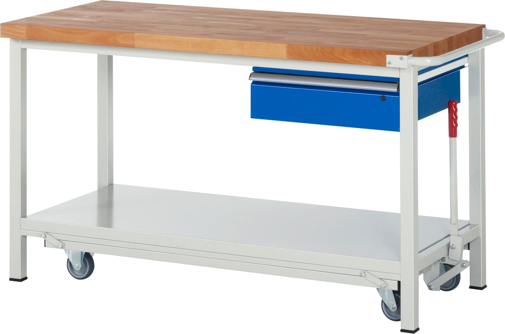 Mobile absenkbare Werkbank mit 1 Schublade - 150:1 - 880 x 1.500 x 700 mm (HxBxT) - Traglast 1.250 kg - Buche - Anthrazitgrau