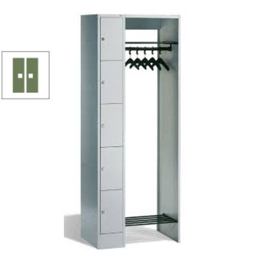 Garderobenanlage, Offene Garderobe mit Spindschrank, 5 Fächer, links, Korpusfarbe lichtgrau, Türfarbe enzianblau, 1.950 x 740 x 480 mm (HxBxT)