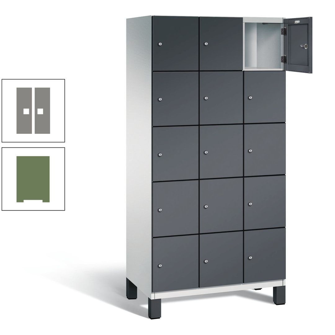 Fächerschrank, Stahlschrank, 15 Fächer, Türöffnungsbegrenzer, Füße, 1.980 x 900 x 525 mm (HxBxT), Korpus anthrazitgrau, Front anthrazitgrau