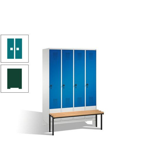 Stahl-Garderobenschrank, Spind, Buche Sitzbank vorgebaut, 4 Abteile a 300 mm, Korpus Lichtgrün, Tür Schwefelgelb, 1.850 x 1.200 x 815 mm (HxBxT)
