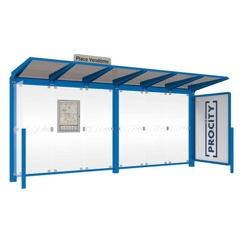 Buswartehalle - Unterstand - Fahrplankasten - Haltestellenschild - Seitenwand - Schaukasten - 2.390 x 5.000 x 1.500 mm (HxBxT) - enzianblau