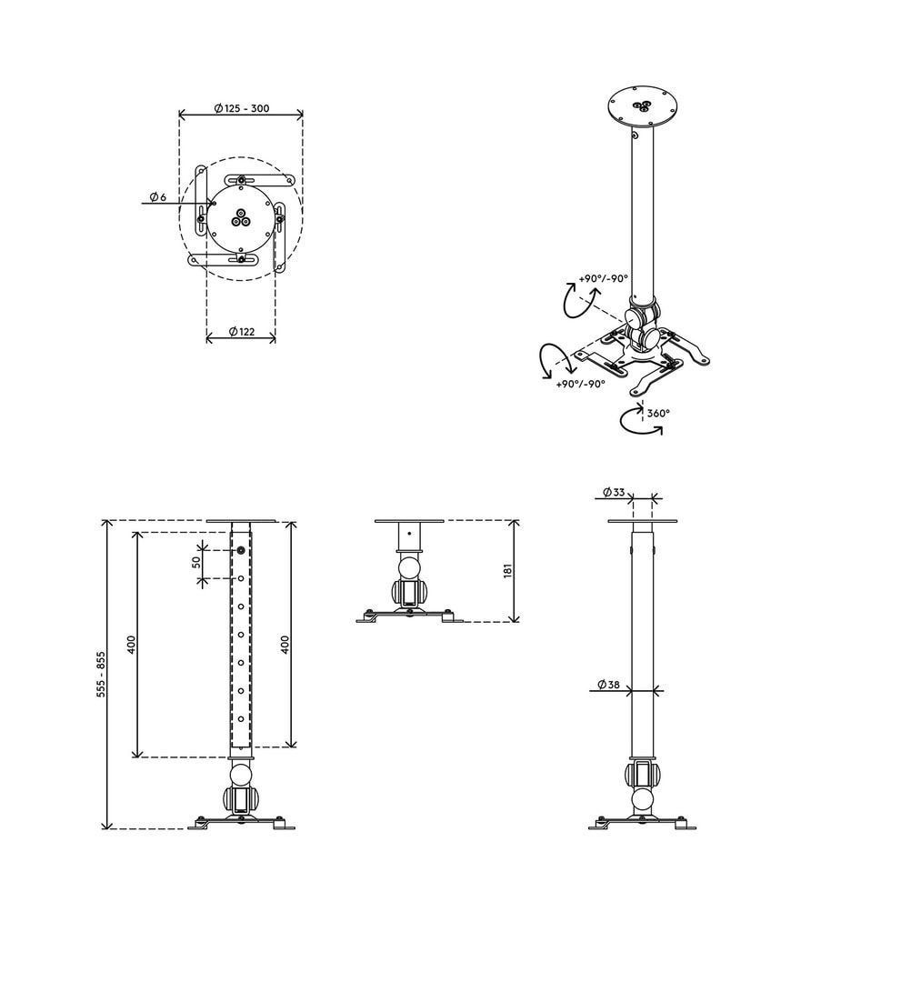 Beamerbefestigung, Beamerhalterung, Projektorhalterung, Deckenbefestigung, höhenverstellbar, 555 - 855 mm Höhe, inkl. kurzer Befestigung, neigbar