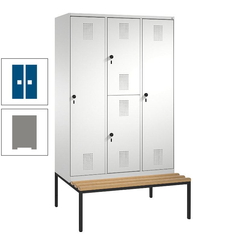 Garderobenschrank, Spind ein- und doppelstöckig Sitzbank, 3 Abteile, 4 Fächer, 2.090x1.200x500 mm (HxBxT), Front anthrazitgrau, Korpus anthrazitgrau