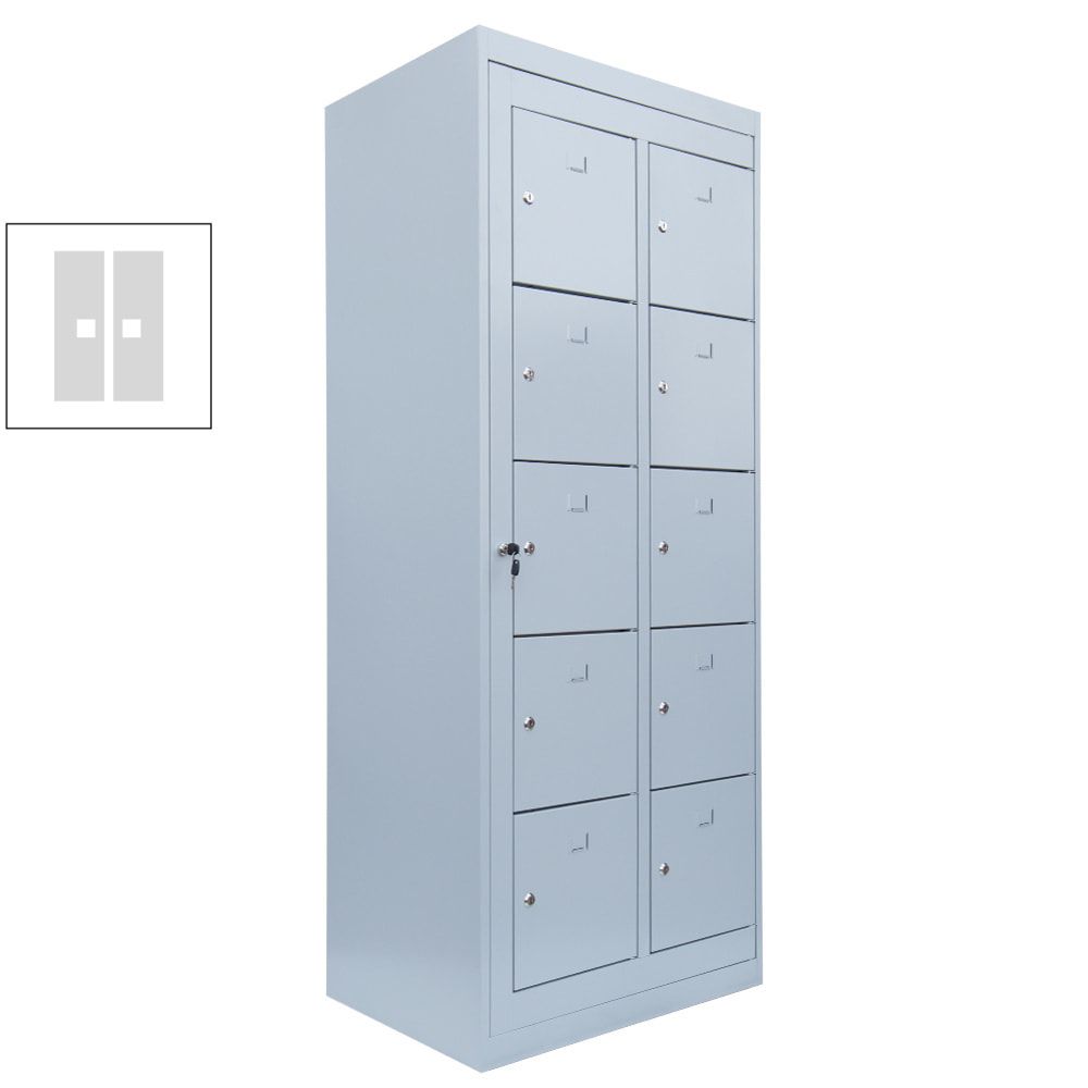 Verteilerschrank, Ausgabeschrank, Fächerschrank, Zentraltür, 2 Abteile, 10 Fächer, 1.800 x 740 x 500 mm (HxBxT), Korpus lichtgrau, Front enzianblau