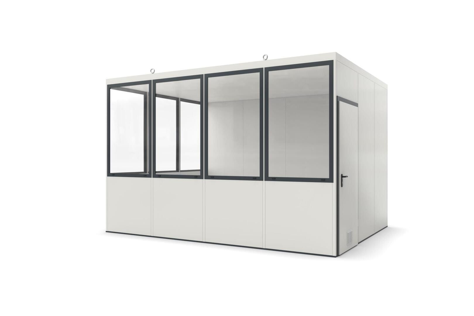 Bürocontainer, Aufsichtsstand, Meisterbüro, Lagerhallenbüro, mobil, für Innen, 2.620 x 4.090 x 3.045 mm (HxBxT), 12,45 qm, ohne Fußboden
