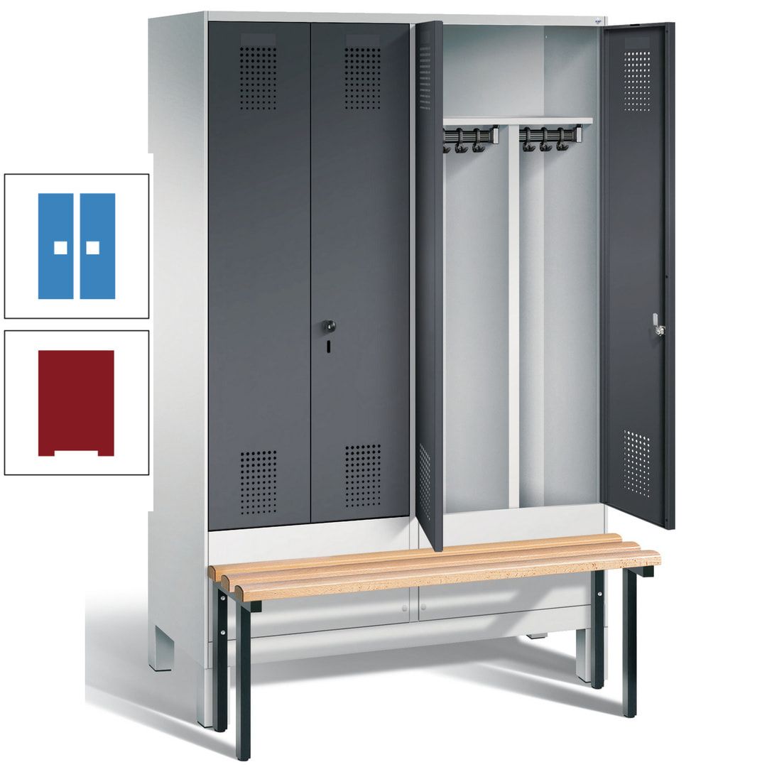 Doppel-Spind, Garderobenschrank, Buche Sitzbank vorgebaut, 4 Abteile a 300 mm, Korpus feuerrot, Tür Wasserblau, 1.850 x 1.200 x 815 mm (HxBxT)