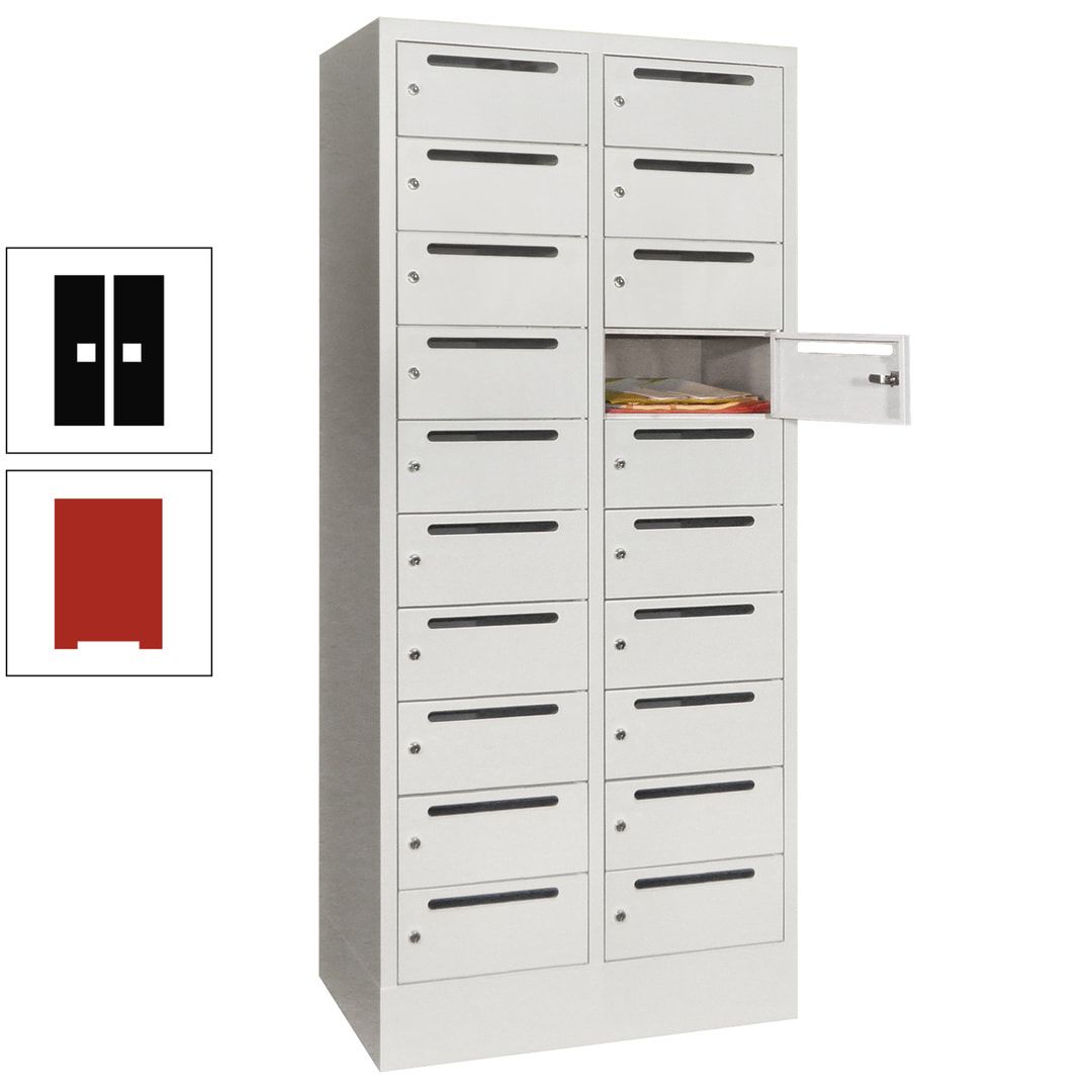 Postverteilerschrank, Schließfachschrank, 2 Abteile a 400 mm, 20 Fächer, 1.850 x 800 x 500 mm (HxBxT), Korpus anthrazitgrau, Front anthrazitgrau