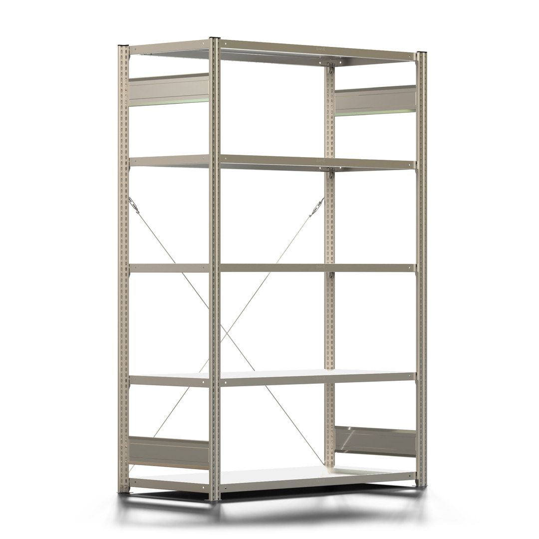 Fachbodenregal mit Tiefenriegel - 350 kg - 2.000 x 1.285 x 626 mm (HxBxT) - Anbauregal - 5 Böden - enzianblau - Lagerregal - Steckregal BERT