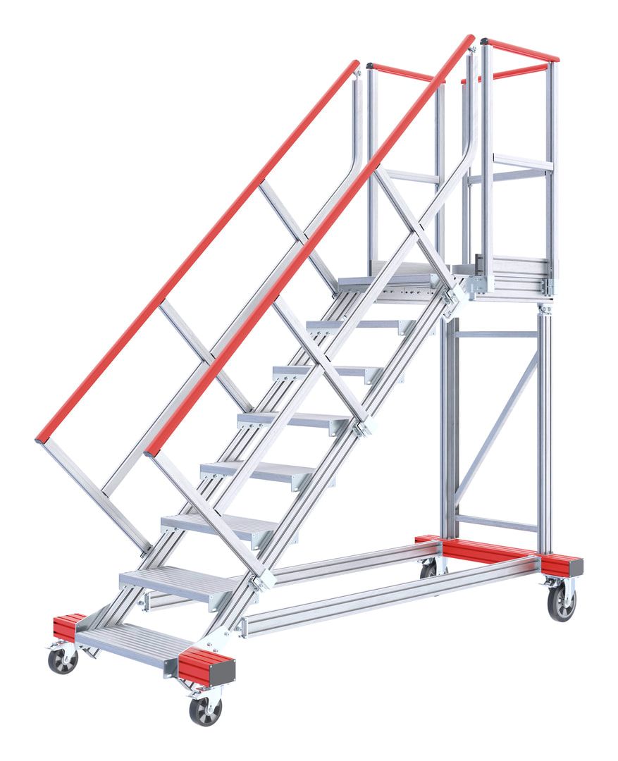Fahrbare Podestleiter - Podesttreppe - 1.940 x 1.200 x 1.620 mm (HxBxT) - 4 Stufen 1.000 mm Breite - Treppenneigung 45 Grad - Aluminium - Rollpodest