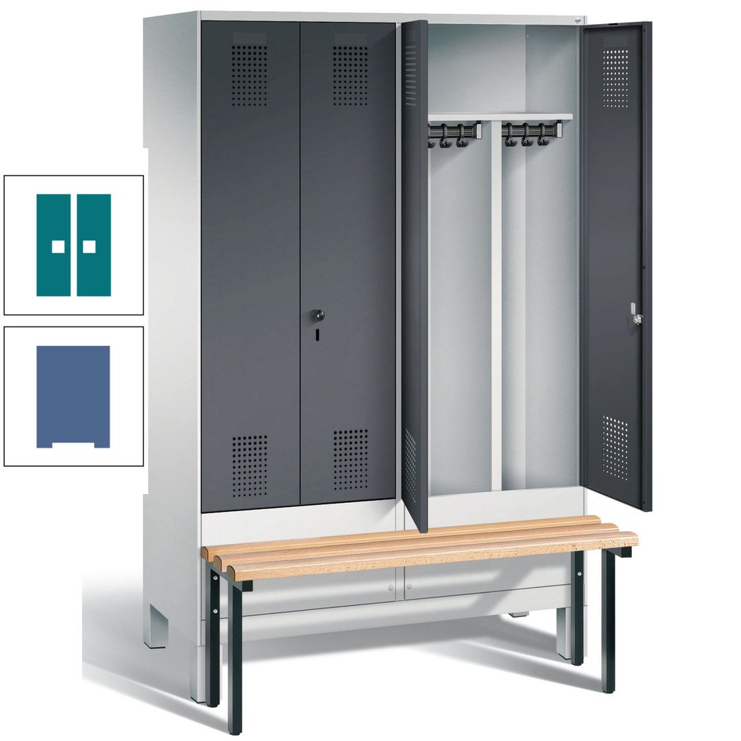 Doppel-Spind, Garderobenschrank, Buche Sitzbank vorgebaut, 4 Abteile a 300 mm, Korpus feuerrot, Tür Wasserblau, 1.850 x 1.200 x 815 mm (HxBxT)