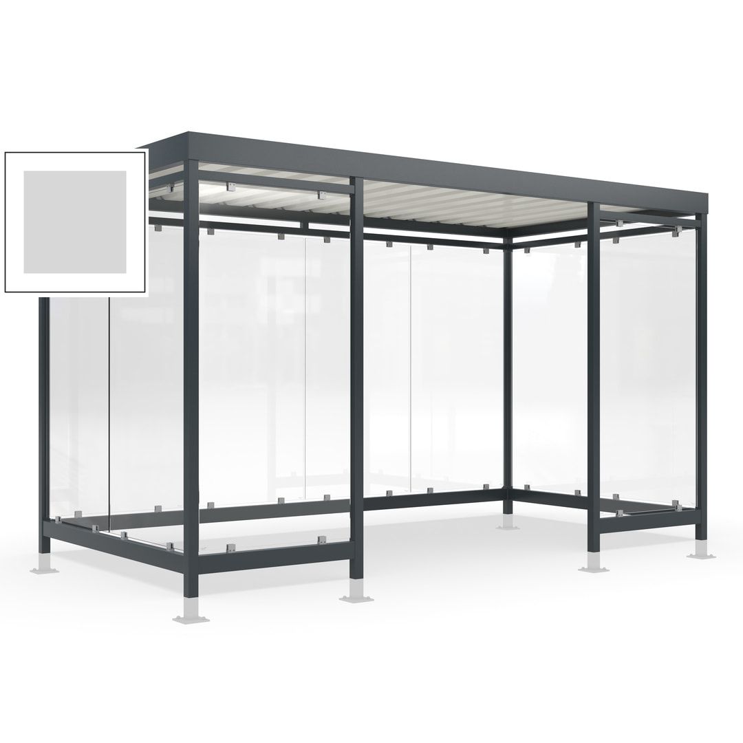 Raucherunterstand für 12-13 Personen, Bushaltestelle, mit Überpflasterung, 2.440 x 4.195 x 2.165 mm (HxBxT), 10 Wände, Achatgrau