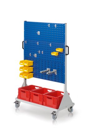 Mobiler Rollwagen, 4 Loch- und 2 Schlitzplatten, wahlweise 10 Halter, 8 Sichtlagerkästen, SLK-Halter, Behälter, 1.580 x 1.000 x 500 mm, Farbe wählbar