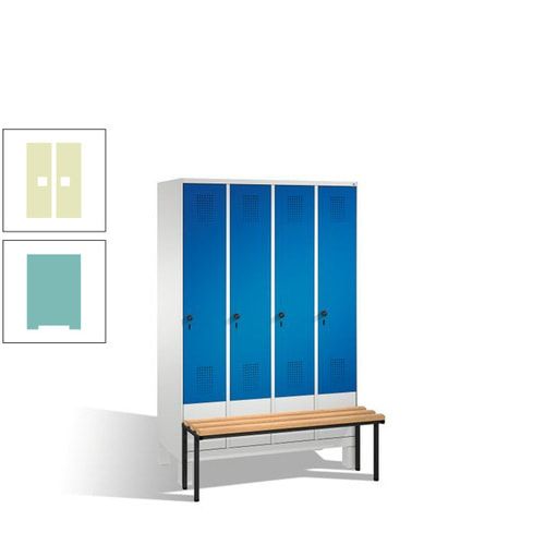 Stahl-Garderobenschrank, Spind, Buche Sitzbank vorgebaut, 4 Abteile a 300 mm, Korpus Lichtgrün, Tür Schwefelgelb, 1.850 x 1.200 x 815 mm (HxBxT)