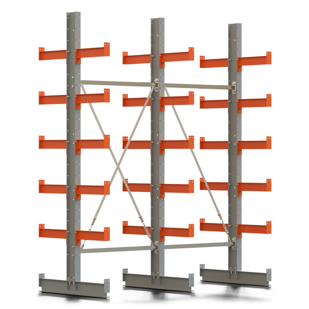 Doppelseitiges Kragarmregal, 2 Felder, 2.500 x 2.000 x 1.120 mm (HxBxT), Nutztiefe 500 mm, Kragarmlast 870 kg, KARL basic, silbergrau/reinorange