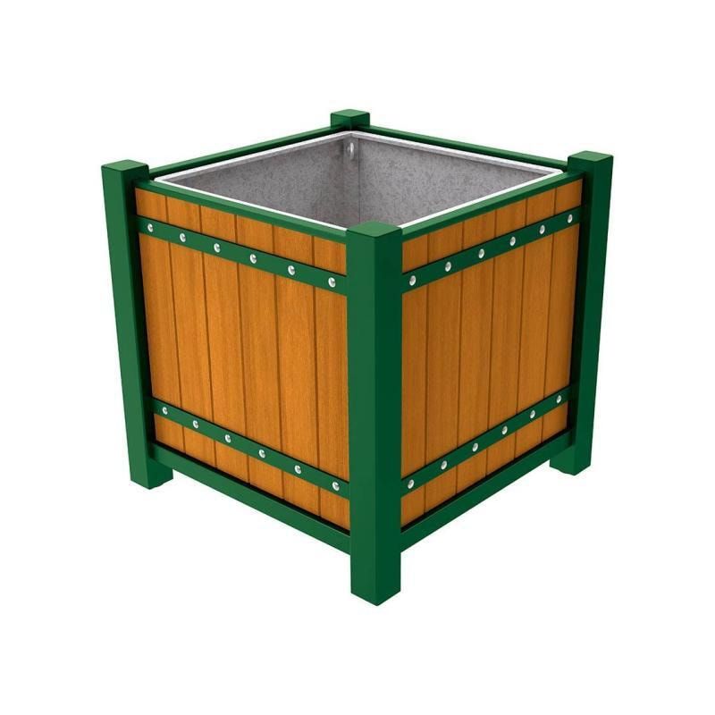 Pflanzbehälter, Pflanzgefäß, verzinkt, Eichenholzverkleidung, innen feuerverzinkt mit Verladungsgriffen, 960 x 1.060 x 1.060 mm (HxBxT), enzianblau