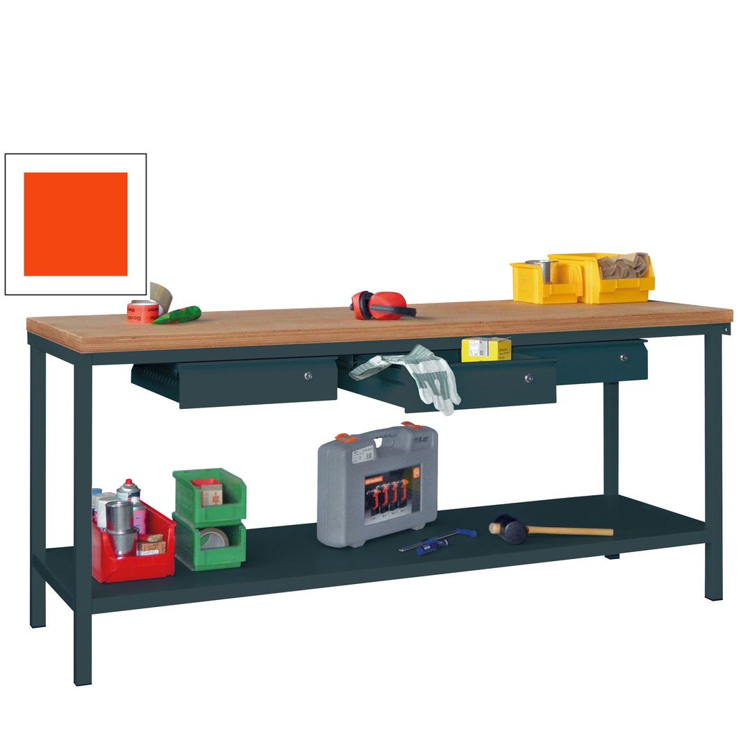 Werkbank mit Ablageboden - 3 Schubladen - 900 x 2.000 x 700 mm (HxBxT) - anthrazitgrau