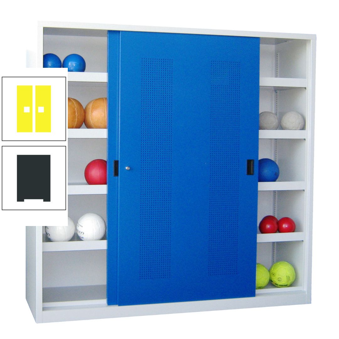 Ballschrank - Schiebetüren mit Lochfeld - Trennwand - 8 Böden - 1.950x2.000x600 mm (HxBxT) - anthrazitgrau