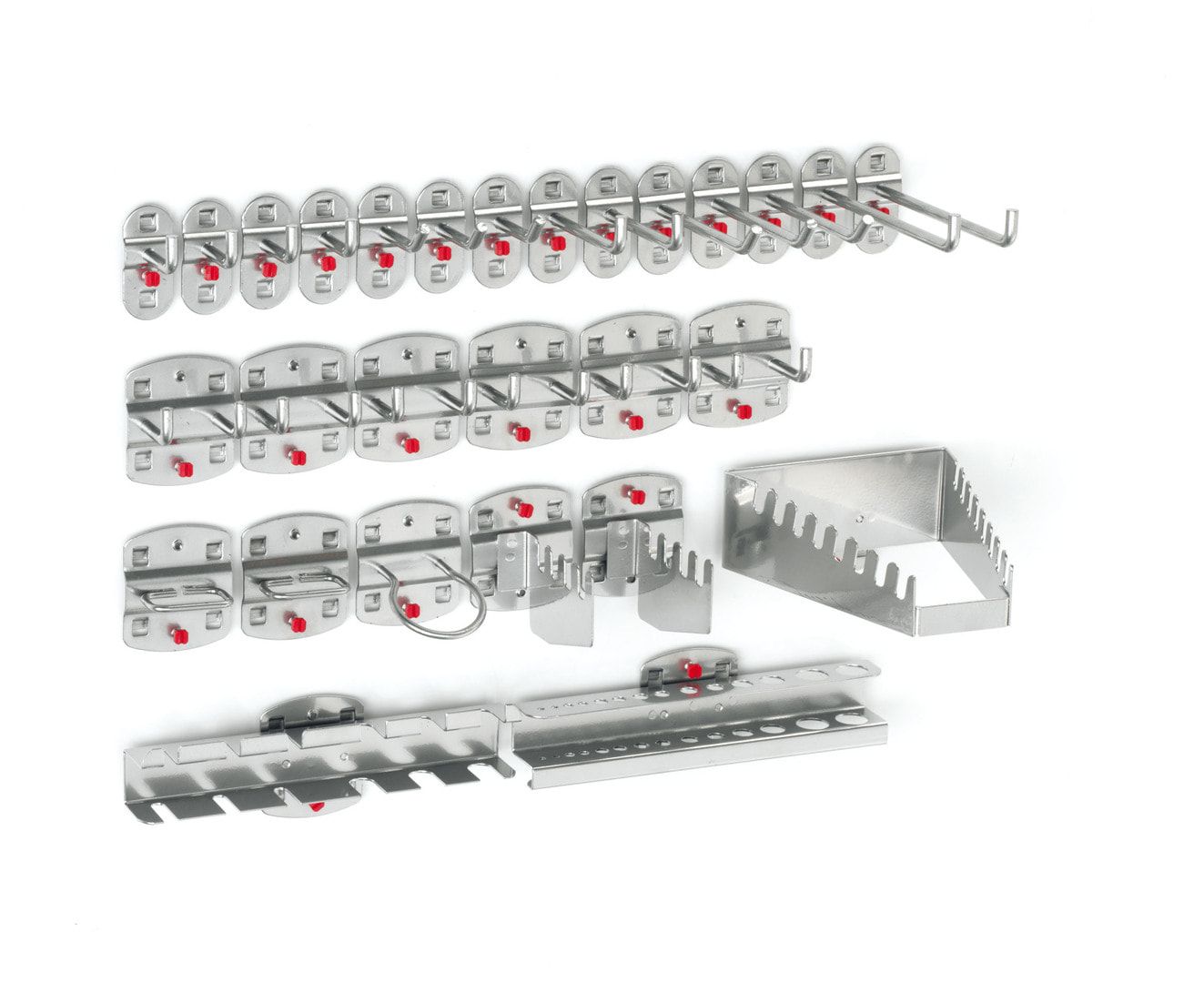 Werkzeughalterset, Hakenset, 28-teilig, für Lochplatten, Schraubsystem, Farbe Aluminium