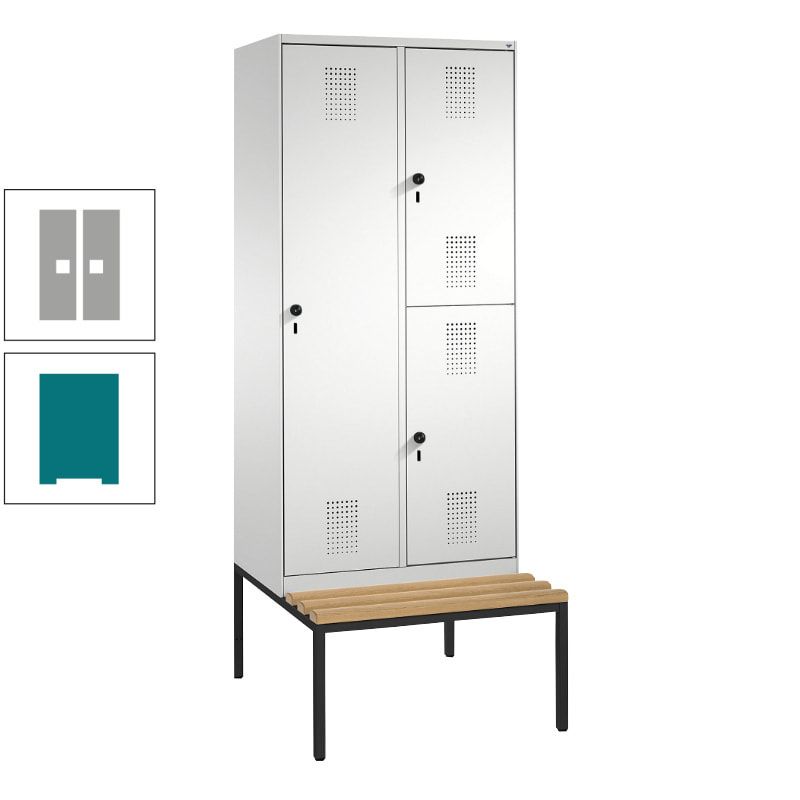 Garderobenschrank, Spind ein- und doppelstöckig Sitzbank, 2 Abteile, 3 Fächer, 2.090 x 800 x 500 mm (HxBxT), Front anthrazitgrau, Korpus anthrazitgrau
