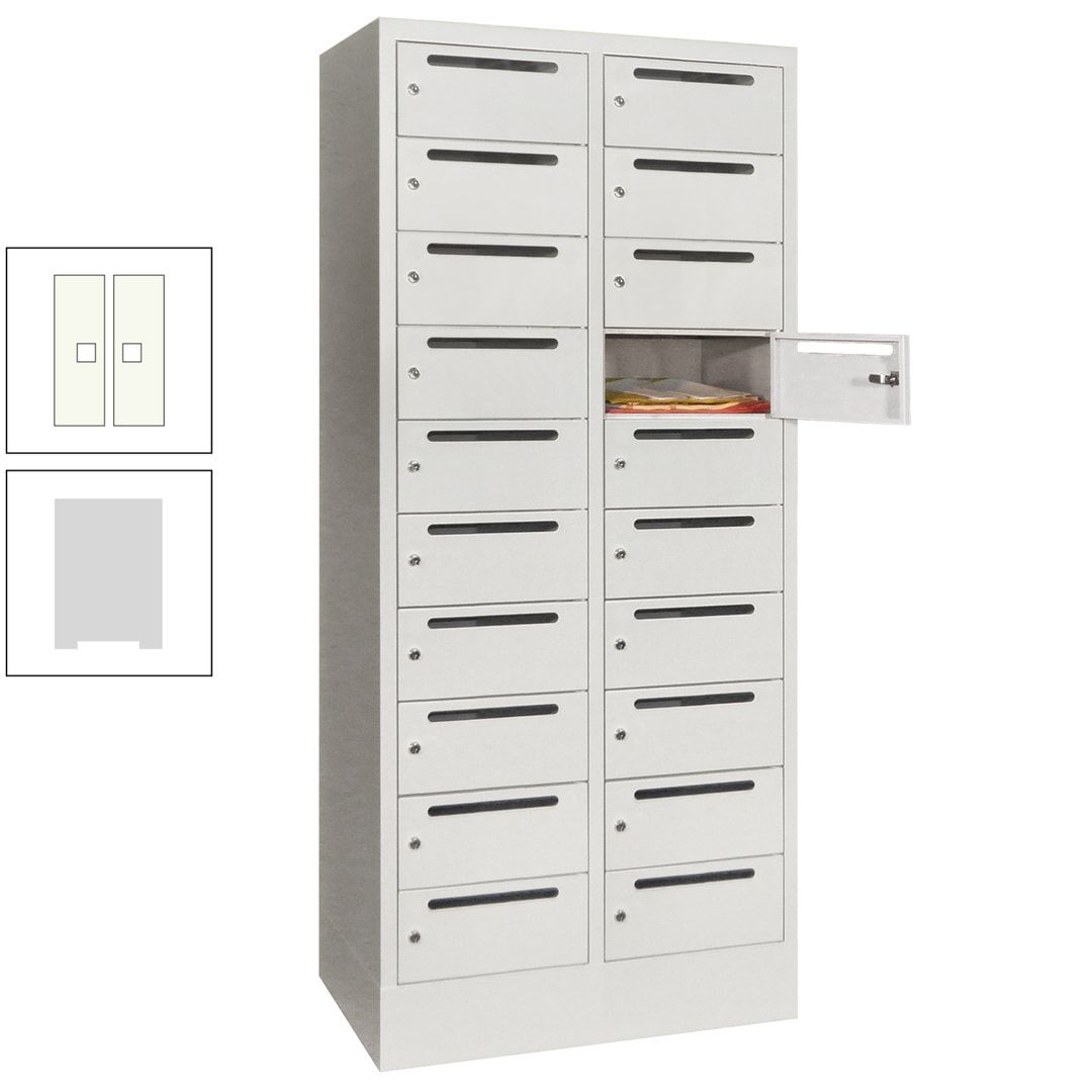 Postverteilerschrank, Schließfachschrank, 2 Abteile a 400 mm, 20 Fächer, 1.850 x 800 x 500 mm (HxBxT), Korpus anthrazitgrau, Front anthrazitgrau