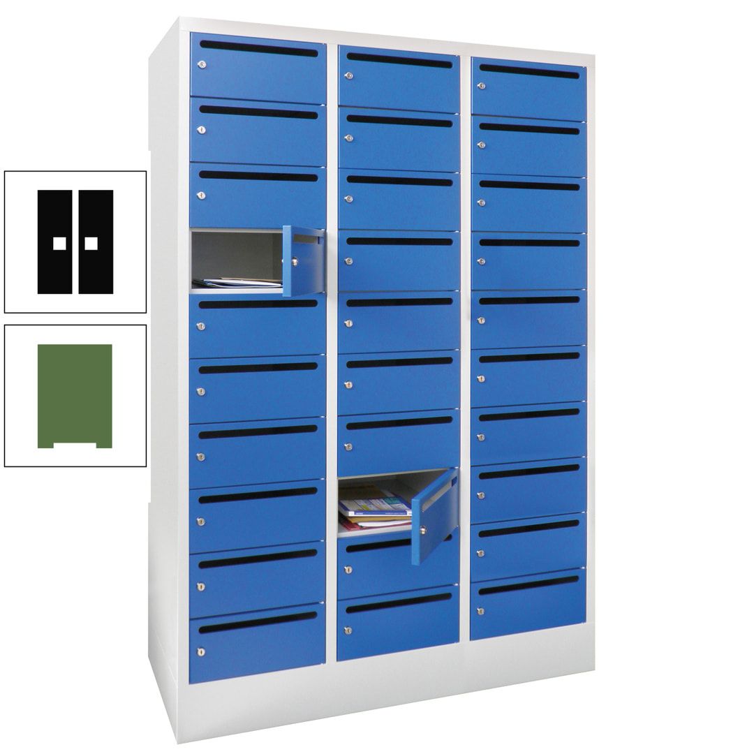 Postverteilerschrank, Schließfachschrank, 3 Abteile a 300 mm, 30 Fächer, 1.850 x 900 x 500 mm (HxBxT), Korpus anthrazitgrau, Front anthrazitgrau