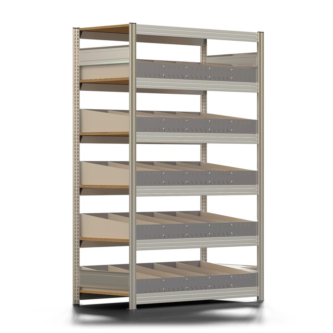 Schwerlast Schüttgutregal, Eisenwarenregal mit 5 x Schüttgut Ebene, 2.000 x 1.285 x 626 mm (HxBxT), verzinkt, Anbauregal, Steckregal, BERT