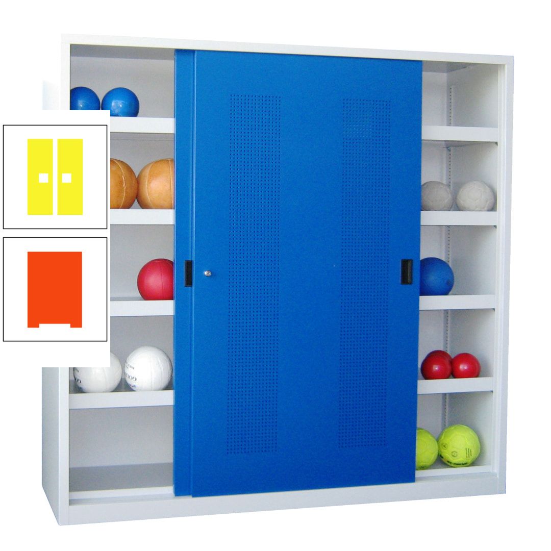 Ballschrank - Schiebetüren mit Lochfeld - Trennwand - 8 Böden - 1.950x2.000x600 mm (HxBxT) - anthrazitgrau
