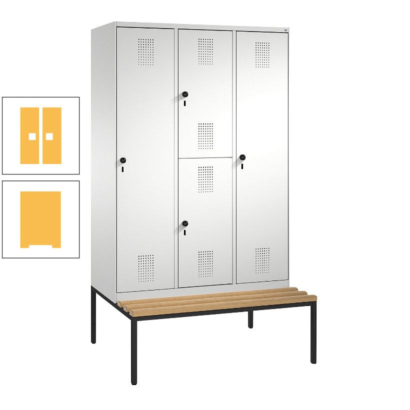Garderobenschrank, Spind ein- und doppelstöckig Sitzbank, 3 Abteile, 4 Fächer, 2.090x1.200x500 mm (HxBxT), Front anthrazitgrau, Korpus anthrazitgrau