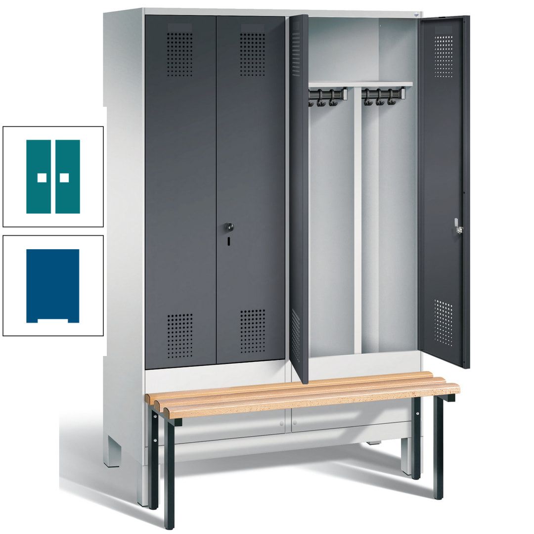Doppel-Spind, Garderobenschrank, Buche Sitzbank vorgebaut, 4 Abteile a 300 mm, Korpus feuerrot, Tür Wasserblau, 1.850 x 1.200 x 815 mm (HxBxT)
