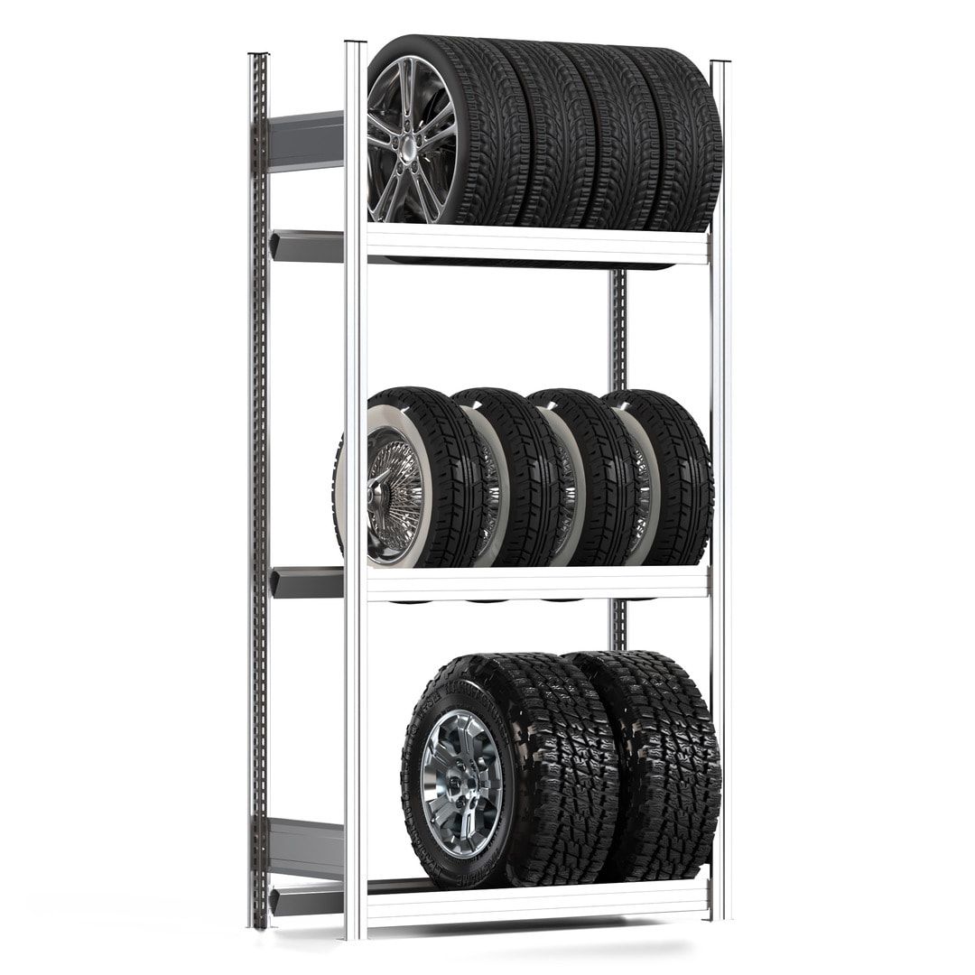 Reifenregal mit Tiefenriegel - 250 kg - 2.000 x 1.005 x 400 mm (HxBxT) - 3 Ebenen - Anbauregal - Steckregal BERT