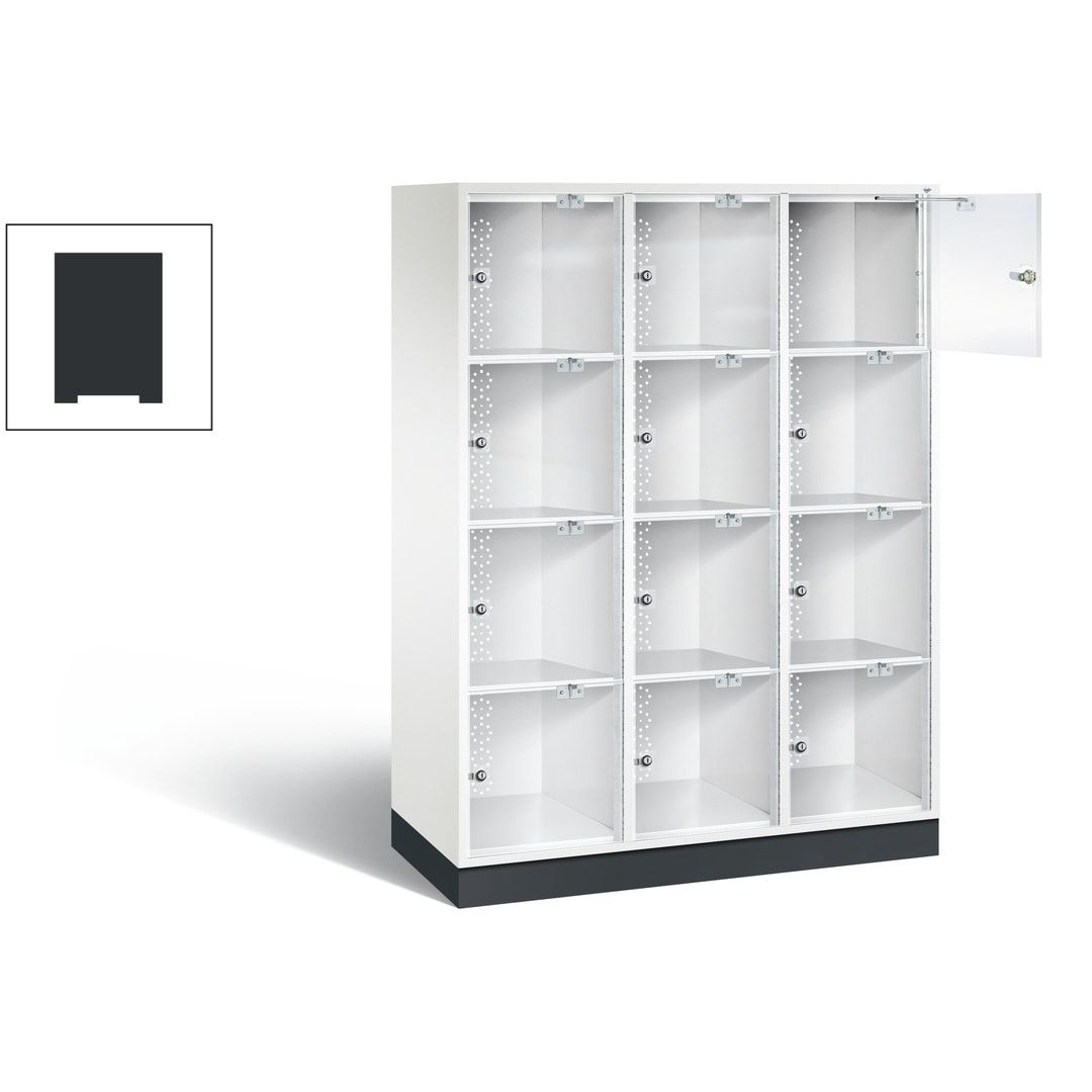 Schließfachschrank, Fächerschrank mit Türen aus Acrylglas, 3 Abteile, 12 Fächer, Zylinderschloss, 1.750 x 1.220 x 500 mm (HxBxT), Korpus anthrazitgrau