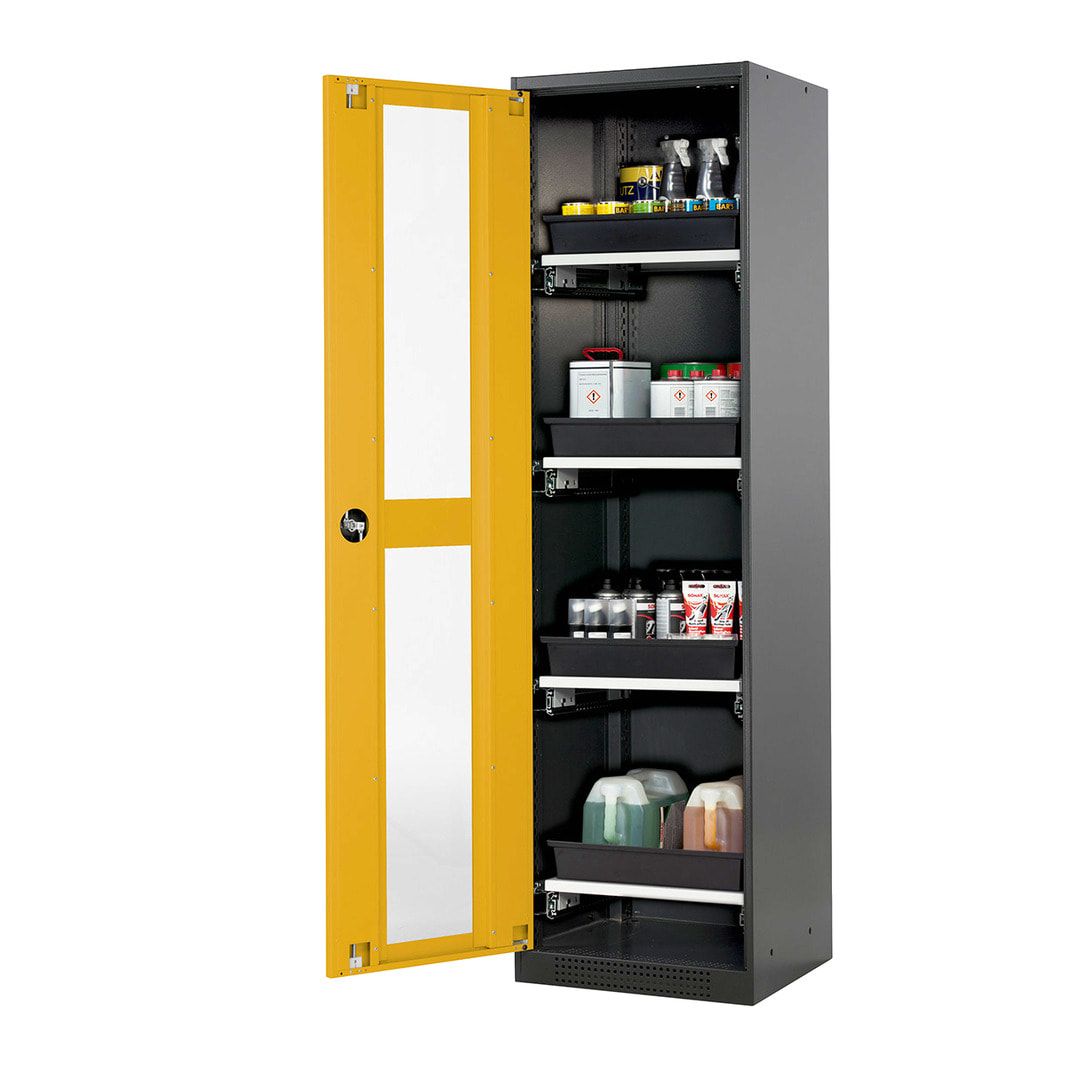 Chemikalienschrank - Flügeltür - Türanschlag links - 4 Tablarauszüge - 1.950 x 545 x 520 mm (HxBxT) - anthrazitgrau/enzianblau