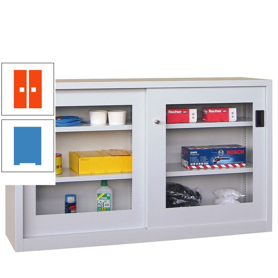 Schiebetürenschrank - Sichtfenstertüren - 1.000x1.500x600 mm (HxBxT) - 4 Böden, verzinkt - Zylinderschloss - anthrazitgrau