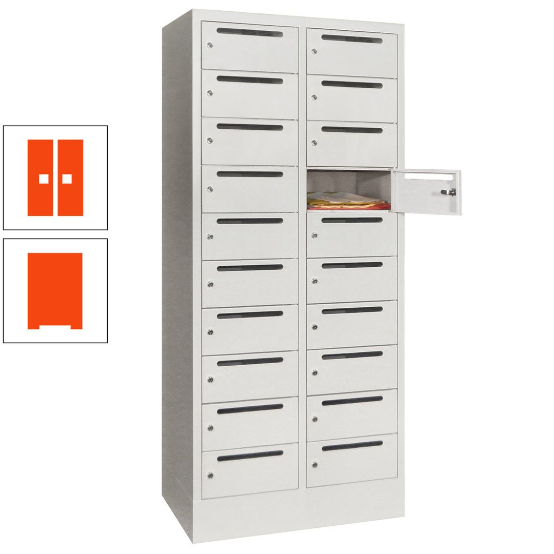 Postverteilerschrank, Schließfachschrank, 2 Abteile a 400 mm, 20 Fächer, 1.850 x 800 x 500 mm (HxBxT), Korpus anthrazitgrau, Front anthrazitgrau