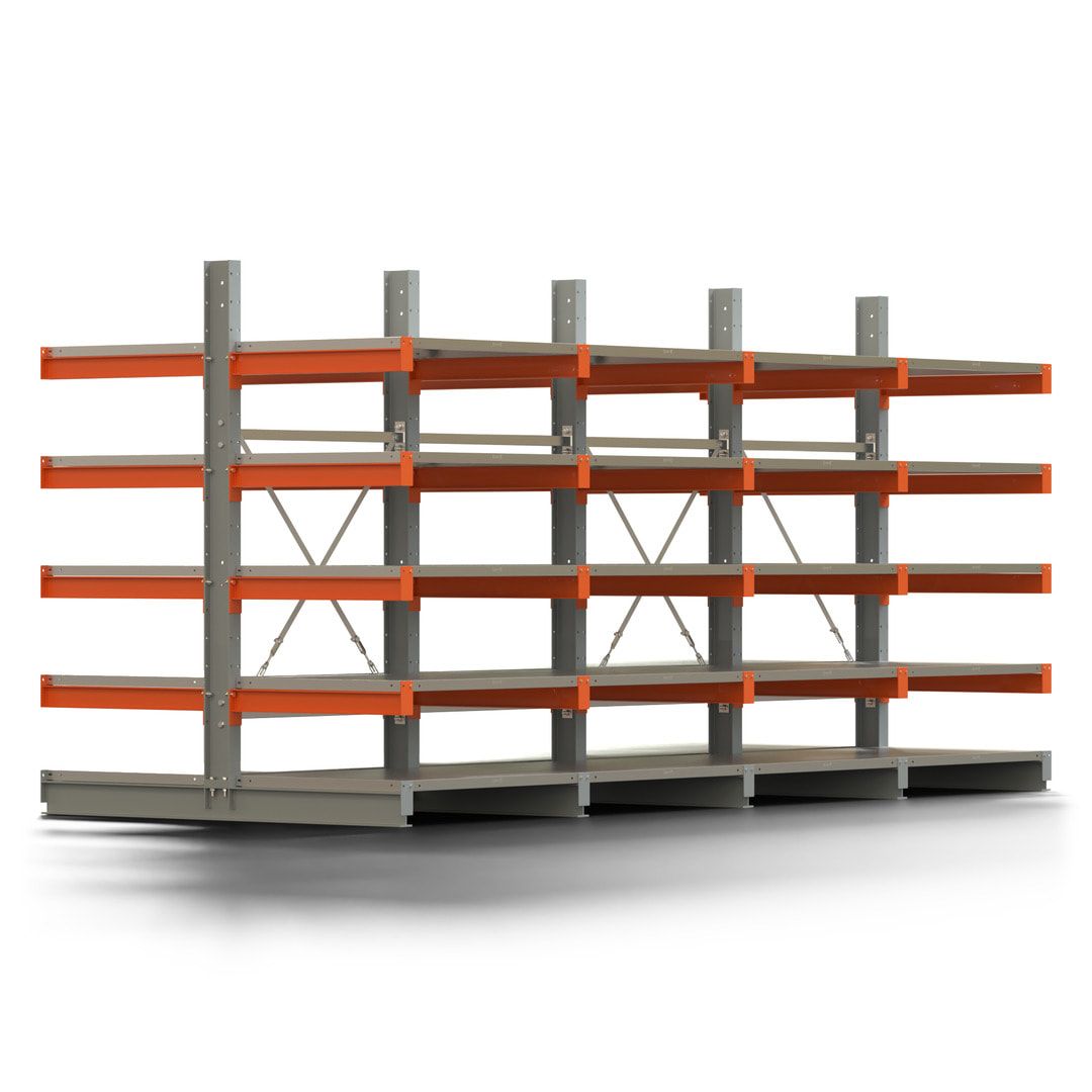 Doppelseitiges Kragarmregal mit Fachböden, 2 Felder, 2.000 x 2.000 (HxB), Nutztiefe 1.000 mm, Kragarmlast 450 kg, KARL basic, silbergrau/reinorange