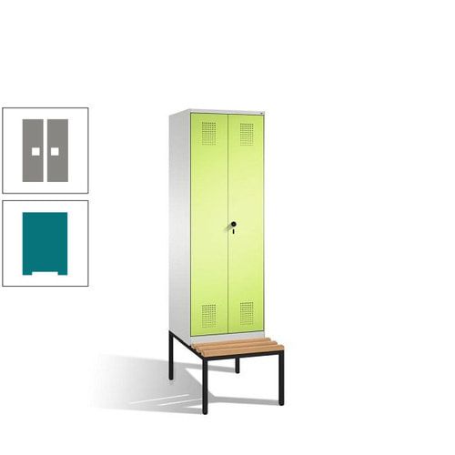 Doppel-Spind, Garderobenschrank, Buche Sitzbank untergebaut, 2 Abteile a 300 mm, Korpus anthrazitgrau, Tür anthrazitgrau, 2.090 x 600 x 815 mm (HxBxT)
