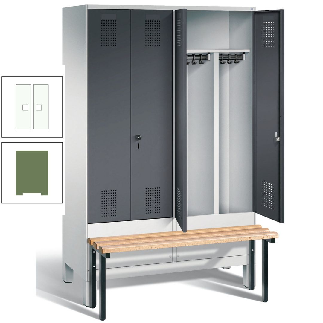 Doppel-Spind, Garderobenschrank, Buche Sitzbank vorgebaut, 4 Abteile a 300 mm, Korpus feuerrot, Tür Wasserblau, 1.850 x 1.200 x 815 mm (HxBxT)