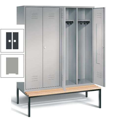 Doppel-Spindschrank, Buche Sitzbank untergebaut, 4 Abteile a 400 mm, Korpus lichtgrau, Tür anthrazitgrau, 2.090 x 1.590 x 815 mm (HxBxT)