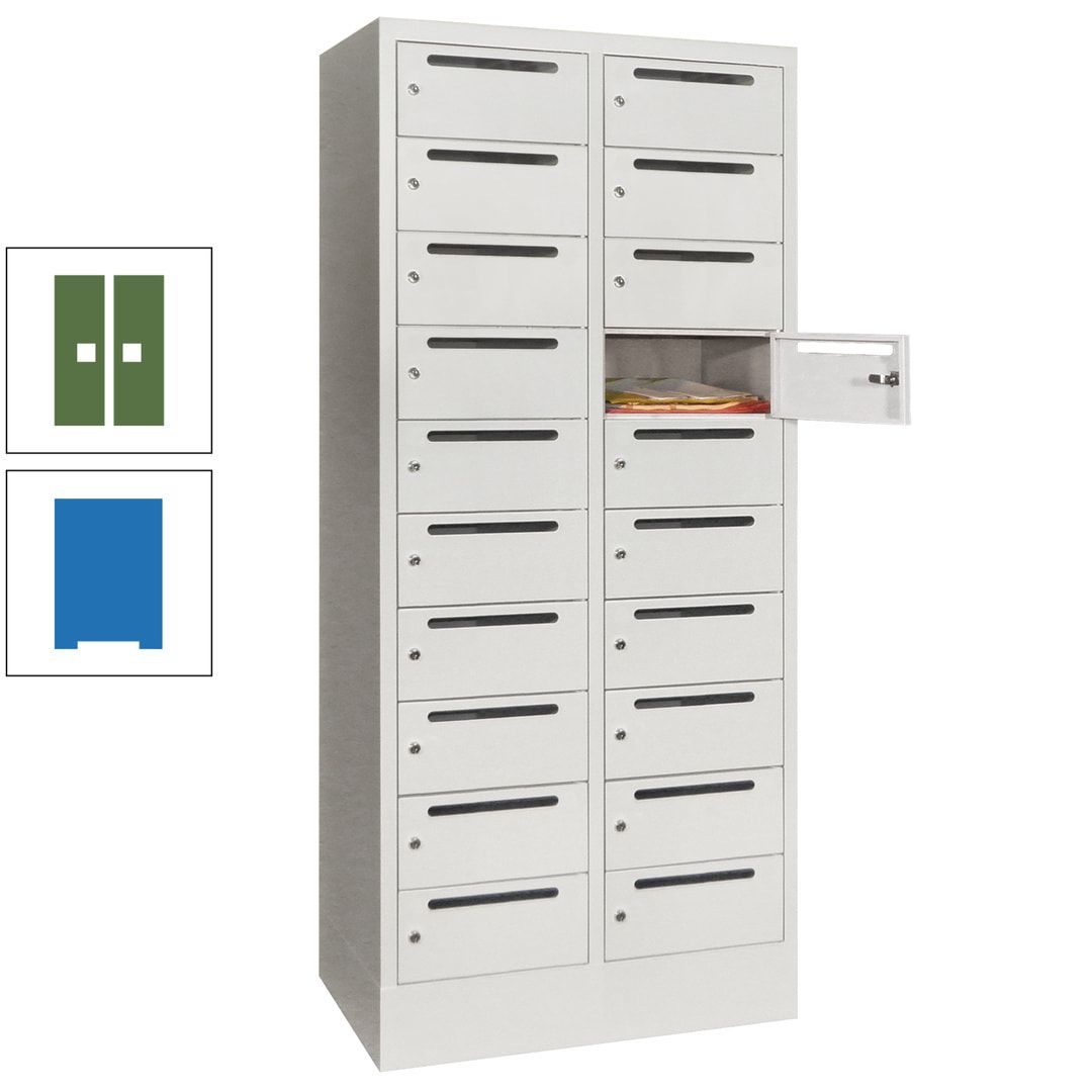 Postverteilerschrank, Schließfachschrank, 2 Abteile a 400 mm, 20 Fächer, 1.850 x 800 x 500 mm (HxBxT), Korpus anthrazitgrau, Front anthrazitgrau