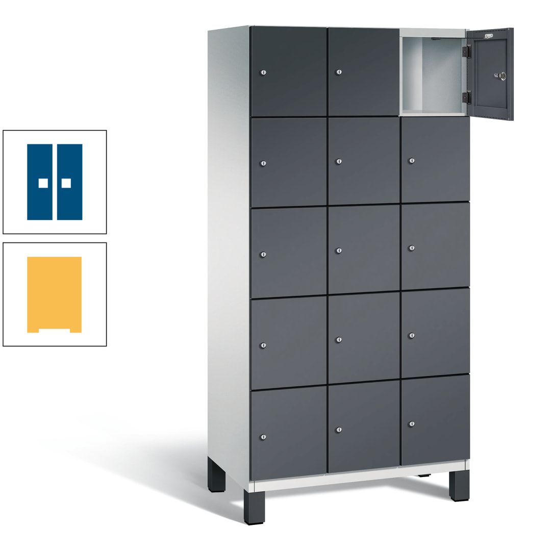 Fächerschrank, Stahlschrank, 15 Fächer, Türöffnungsbegrenzer, Füße, 1.980 x 900 x 525 mm (HxBxT), Korpus anthrazitgrau, Front anthrazitgrau