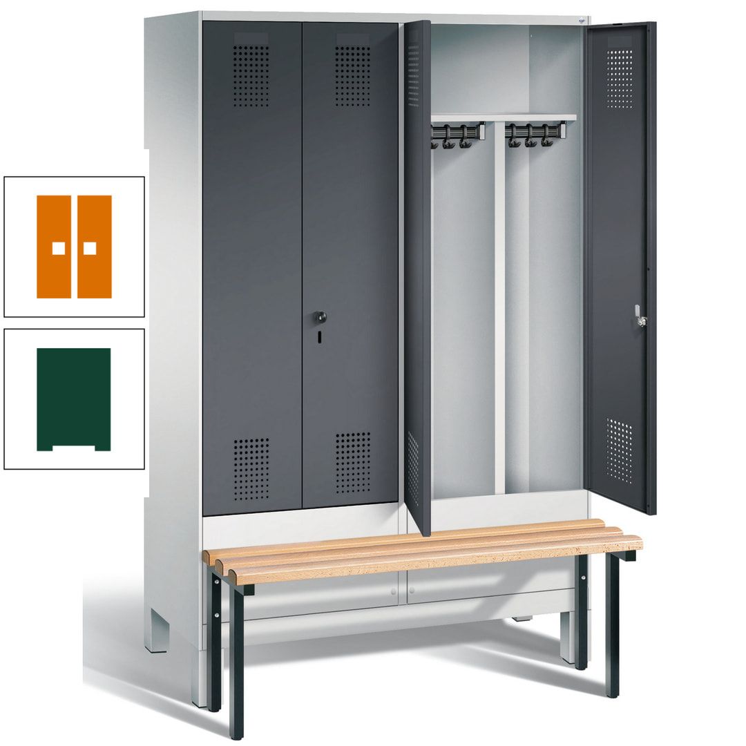 Doppel-Spind, Garderobenschrank, Buche Sitzbank vorgebaut, 4 Abteile a 300 mm, Korpus feuerrot, Tür Wasserblau, 1.850 x 1.200 x 815 mm (HxBxT)